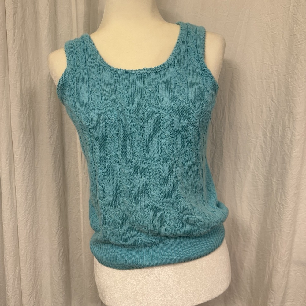 Vintage Womens Blue Sleeveless Round Neck Cable Knit Sweater Size Medium‎ Preppy